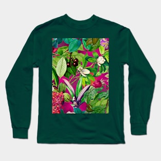 Trendy tropical floral leaves and fruits tropical pattern, pink fuchsia floral illustration over a Long Sleeve T-Shirt